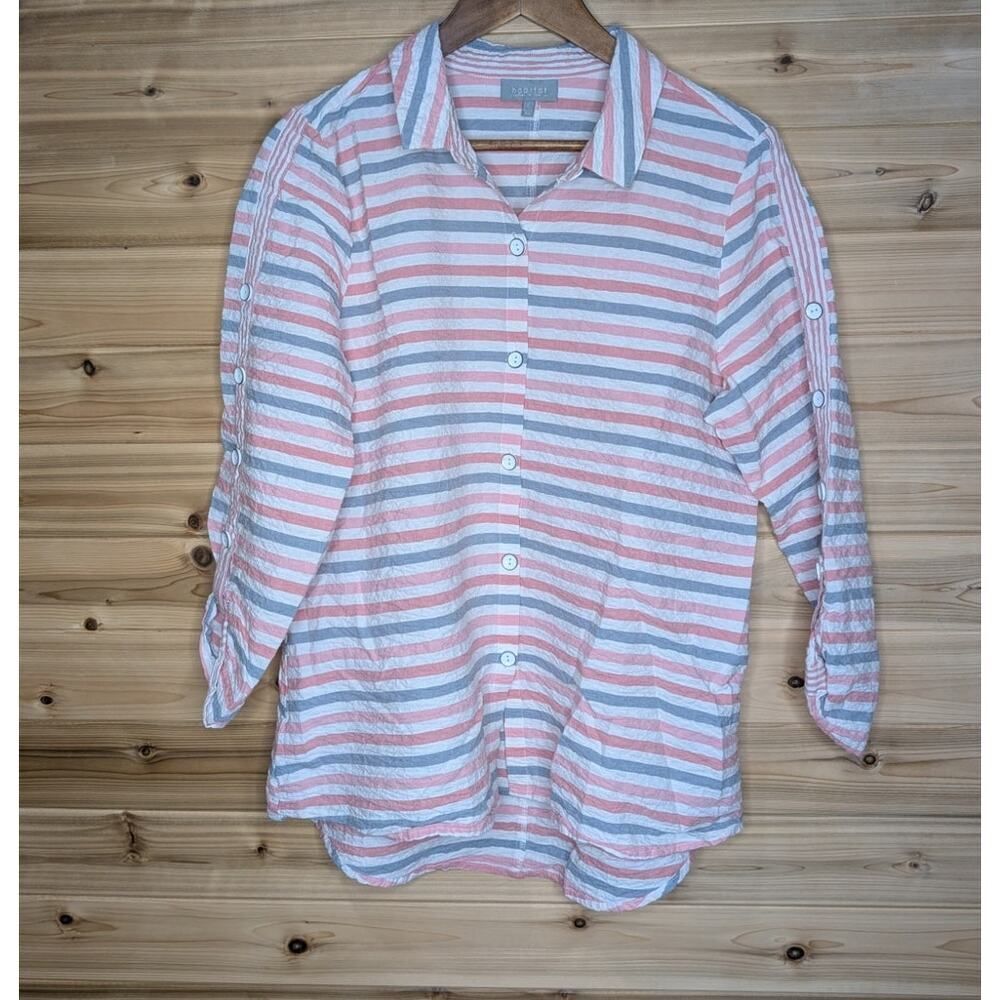 HabitatâTop Womens Large Pink Stripe Button Frontâ Blouse Art